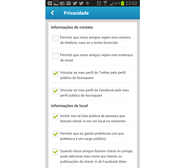 Privacidade tem várias opções no Foursquare (Foto: Reprodução/Thiago Barros) (Foto: Privacidade tem várias opções no Foursquare (Foto: Reprodução/Thiago Barros))
