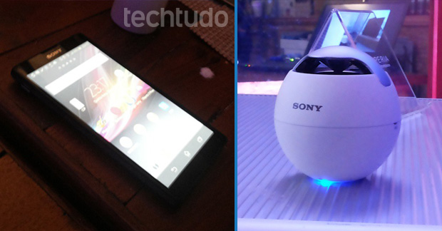 Xperia ZQ e a pequena caixa de som NFC da Sony foram apresentados no evento  (Foto: Pedro Zambarda / TechTudo)