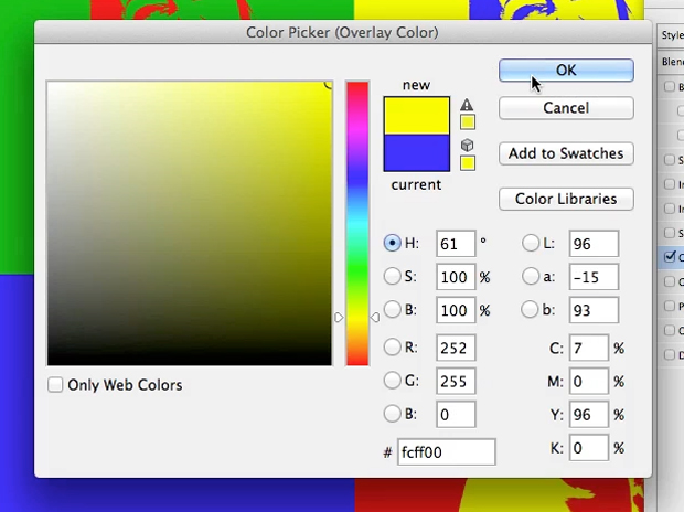 Definição de cor na layer style de Color Overlay. (Foto: Reprodução/André Sugai)