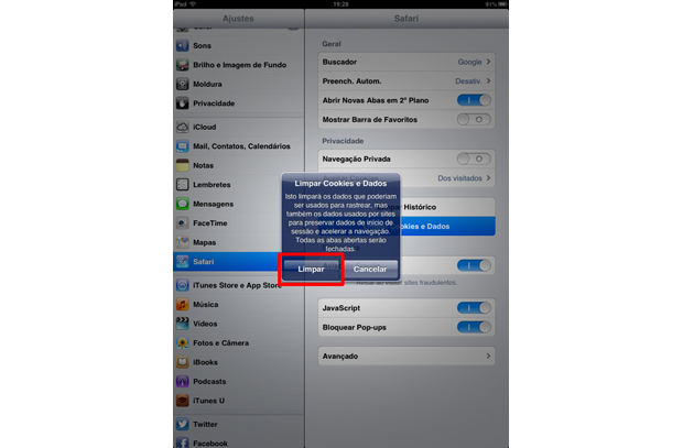 iOS exibe caixa de diálogo para que usuário confirme a exclusão do cookies (Foto: Thiago Bittencourt/TechTudo)