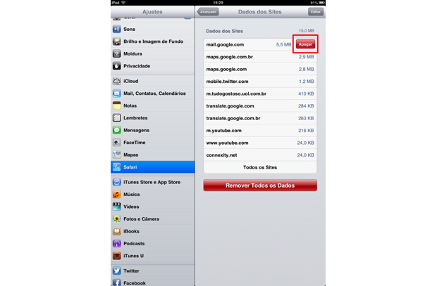 iOS mostra opção de "apagar" cookies ao lado de cada site escolhido (Foto: Thiago Bittencourt/TechTudo)