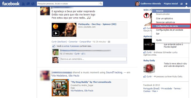 Busque por configurações de conta no menu da tela inicial do Facebook (Foto: Guilherme Godin/TechTudo)