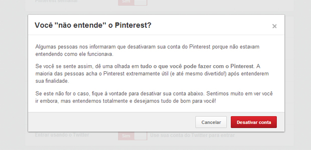 Primeira tela para desativar sua conta no Pinterest (Foto: Reprodução/Thiago Barros)
