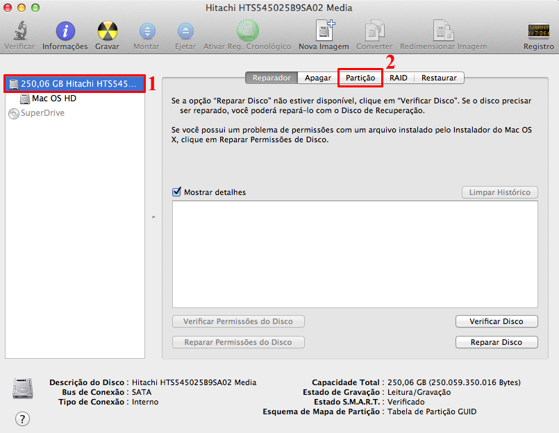 Para iniciar o processo, clique na aba "Partição" do HD presente no Mac OS X (Foto: Reprodução/Thiago Bittencourt)