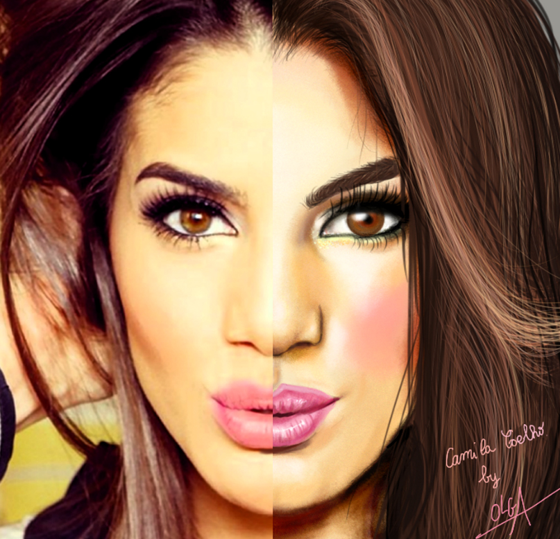 Retrato a esquerda e desenho feito pela Olivia na direita da blogueira Camila Coelho. (Foto: Olivia)