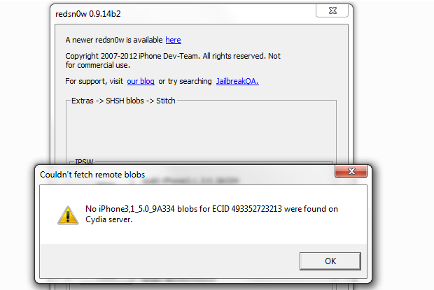 Erro que ocorre quando o programa não encontra o SHSH para a firmware no Cydia (Foto: Reprodução/Edivaldo Brito)