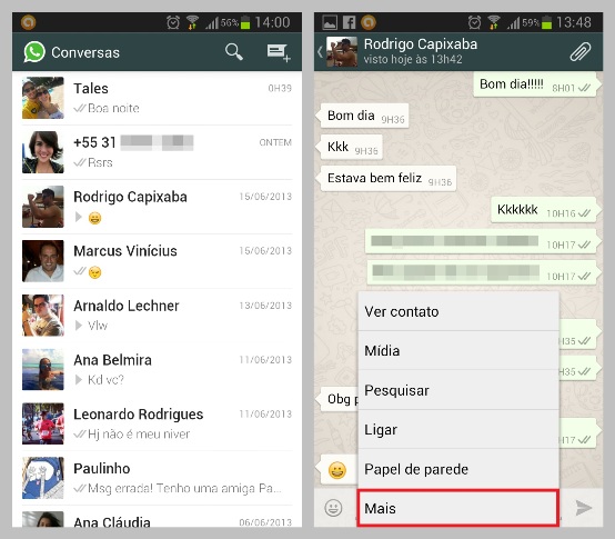 Tela inicial do WhatsApp e conversa escolhida para enviar por e-mail (Foto: Reprodução/Lívia Dâmaso)