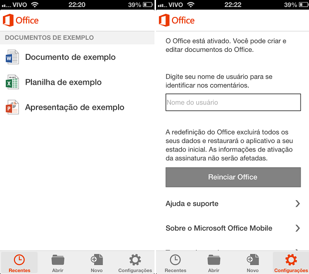 Recentes e Configurações são duas das abas do Office Mobile (Foto: Reprodução/Thiago Barros)