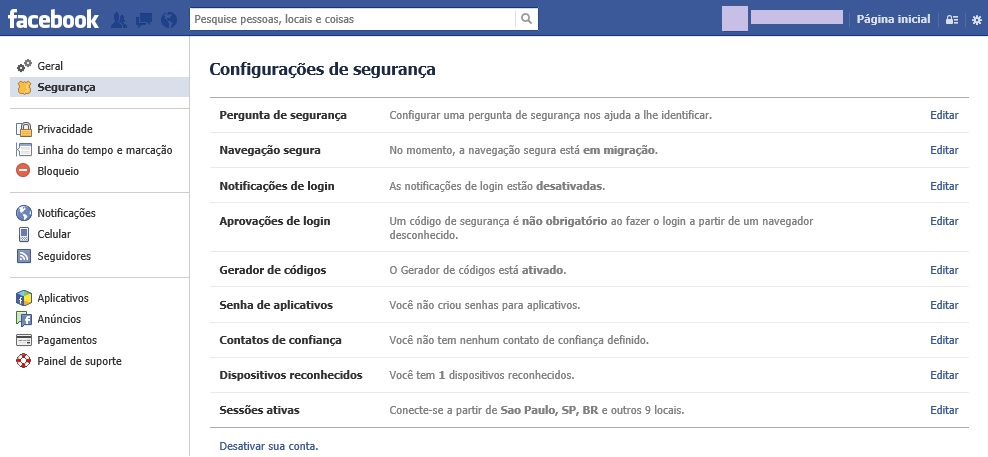 Entrando nas configurações de segurança do Facebook (Foto: Reprodução/Carolina Ribeiro)