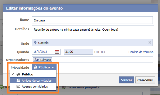 Alterando as configurações de privacidade do evento no Facebook (Foto: Reprodução/Lívia Dâmaso)