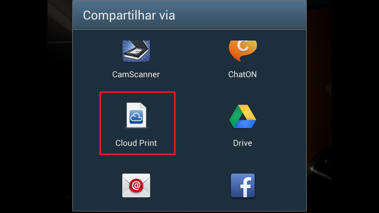 Ou escolhe o app Cloud Print como forma de compartilhamento do arquivo que deseja imprimir (Foto: Reprodução/ Daniel Ribeiro)
