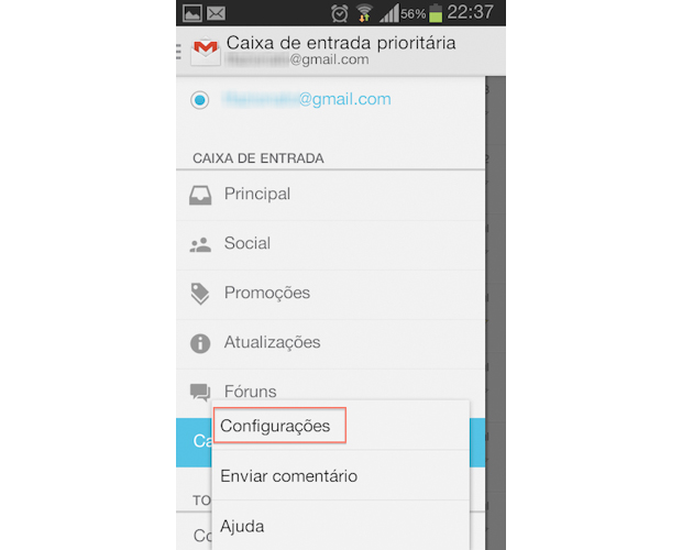 Access to the settings menu of the Gmail application for Android (Photo: Playback / Bittencourt Thiago)