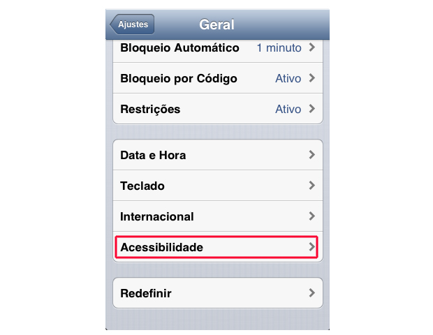 Entrando nas opções de acessibilidade do iOS (Foto: Reprodução/Marvin Costa)