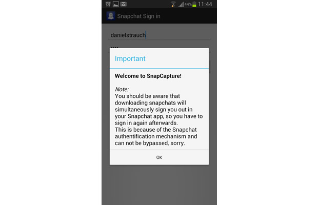 Feito o login pelo “SnapCapture for Snapchat”, será exibido um aviso informado que sua conexão com o mensageiro será perdida sempre que houver um download (Foto: Reprodução/Daniel Ribeiro)