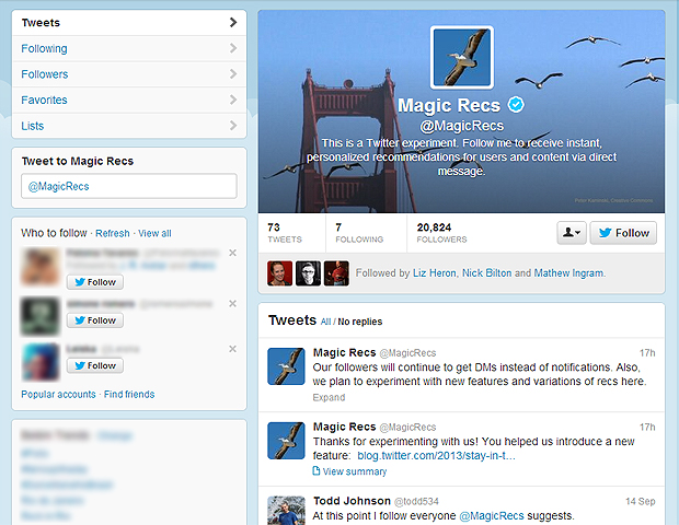 O perfil MagicRecs (@MagicRecs) é parte da estratégia do Twitter para agregar valor ao conteúdo do microblog (Foto: Reprodução/Twitter)