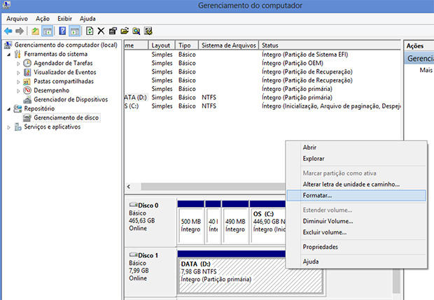 Escolha 'Formatar' no menu contextual, mantendo o mouse sobre o drive desejado (Foto: Reprodução/Paulo Alves)