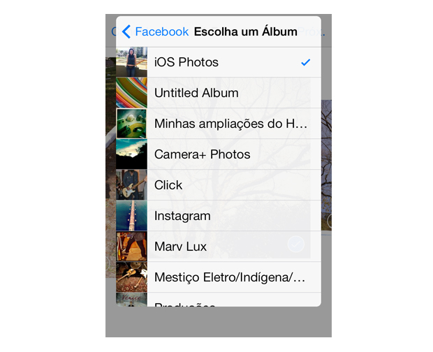 Escolhendo um álbum do Facebook para postar a foto do iOS 7 (Foto: Reprodução/Marvin Costa)