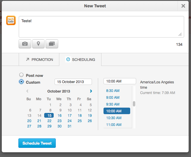 Em Shedulling, é possível escolher a data e hora exata para cada tuíte (Foto: Reprodução/Twitter)
