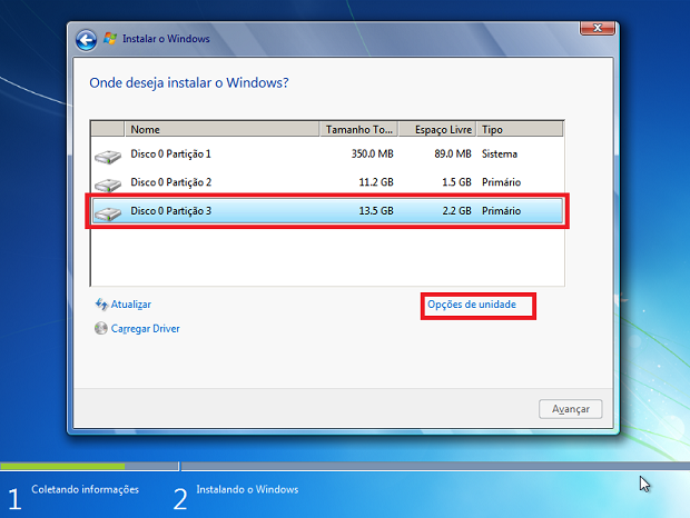 Selecionando a partição onde o Windows 7 será instalado (Foto: Reprodução/Edivaldo Brito)