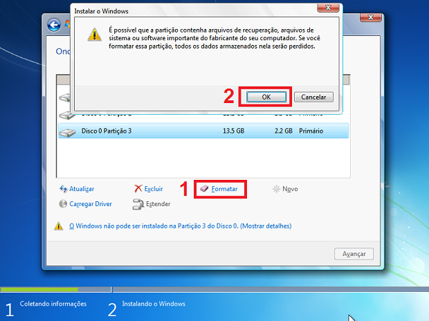 Formatando a partição onde o Windows 7 será instalado (Foto: Reprodução/Edivaldo Brito)