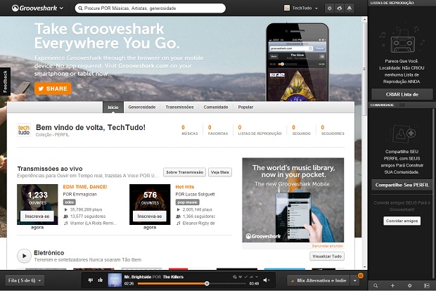 grooveshark, outra fácil plataforma para você criar sua web radio (foto: Reprodução)