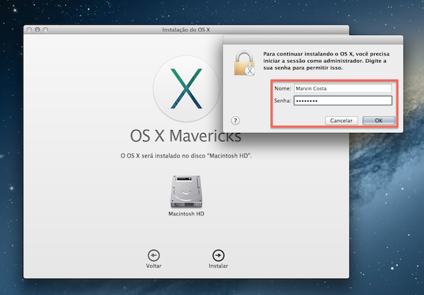 Confirmando os dados de administrador do computador para instalar o Mac OS X Mavericks (Foto: Reprodução/Marvin Costa)