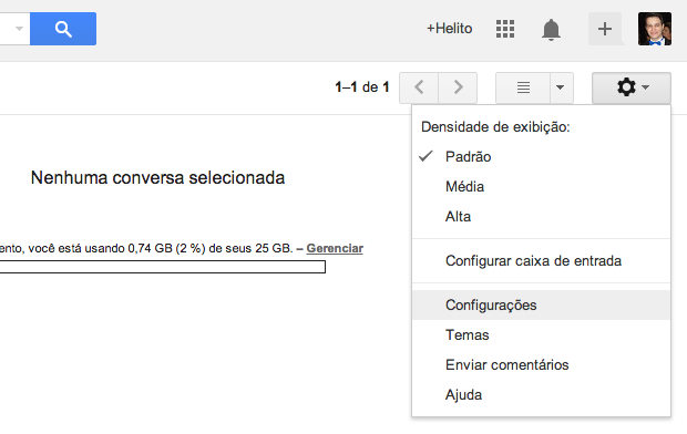 Acessando as configurações do Gmail (Foto: Reprodução/Helito Bijora)