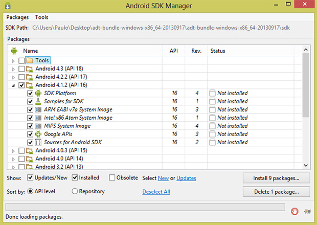 No SDK Manager, instale os pacotes correspondentes ao Android do seu smartphone (Foto: Reprodução)