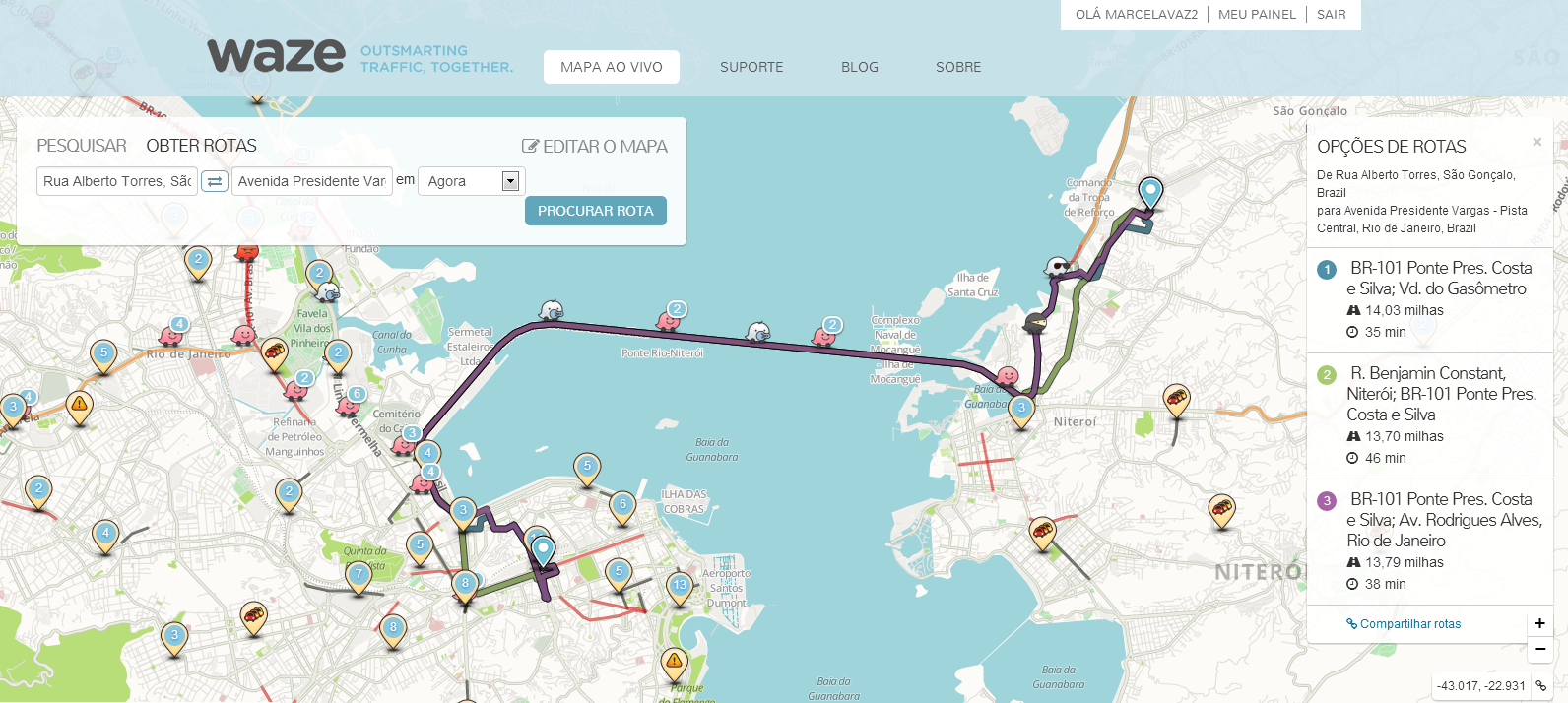 Waze permite traçar rotas e exibe informações dos motoristas que estão no local (Foto: Reprodução/Marcela Vaz)