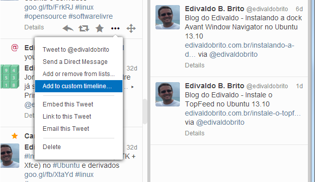 Adicionando tuites na timeline personalizada via menu (Foto: Reprodução/Edivaldo Brito)