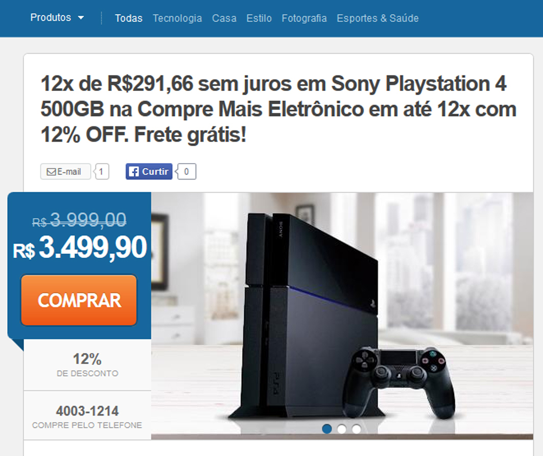 Sites abaixam preço de PS4 (Foto: Reprodução/Peixe Urbano)