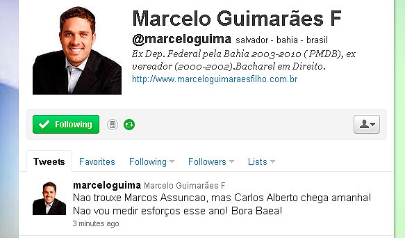 twitter de marcelo guimarães, presidente do bahia, confirma chegada de carlos alberto (Foto: Reprodução)