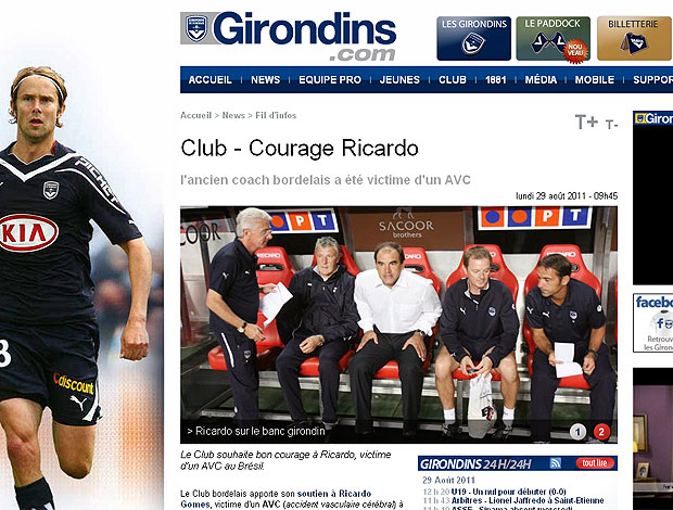 site do Bordeuax sobre o técnico Ricardo Gomes (Foto: Reprodução / Site Oficial)