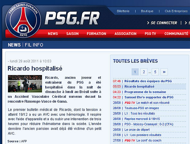 site do PSG sobre o técnico Ricardo Gomes (Foto: Reprodução / Site Oficial)