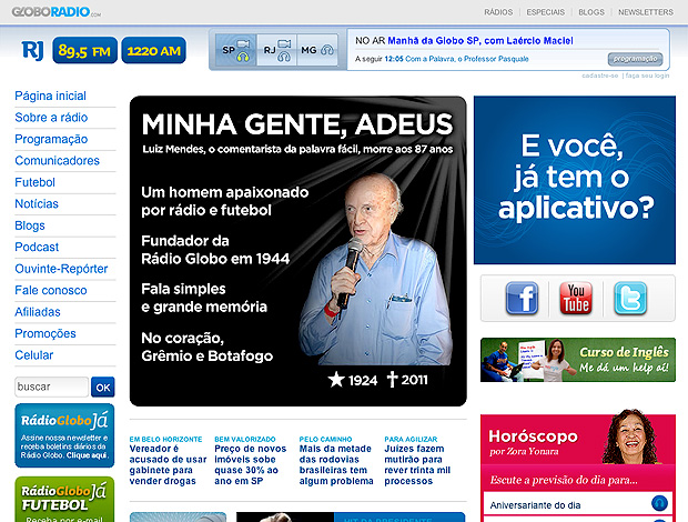 Reprodução site Radio Globo Luiz Mendes radialista  (Foto: Reprodução site Radio Globo)