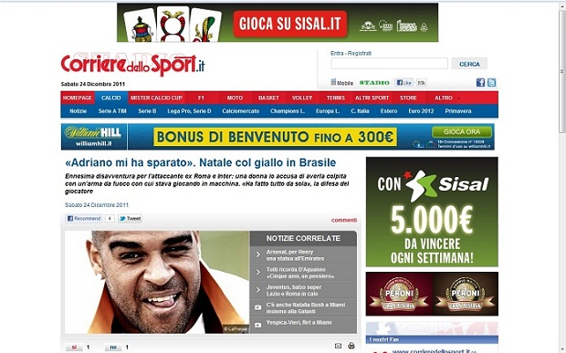 "Corriere Dello Sport", editado em Roma, destaca polêmica de Adriano (Foto: Reprodução)
