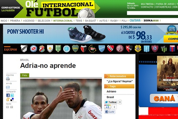 Diário argentino "Olé" faz trocadilho com nome de Adriano (Foto: Reprodução)