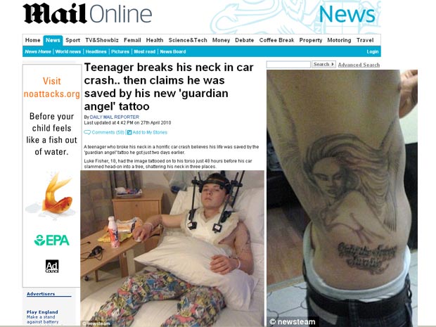 Luke Fisher exibe sua tatuagem de anjo feita dois dias antes de acidente de carro