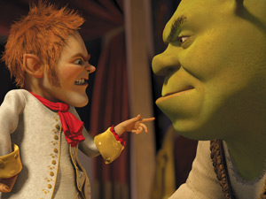 O duende mágico Rumpelstilskin e o ogro Shrek, em cena de 'Para sempre'
