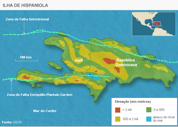 Mapa indica a falha geológica de Enriquillo-Plantain Garden