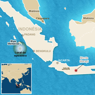 Mapa localiza o terremoto e o vulcão.