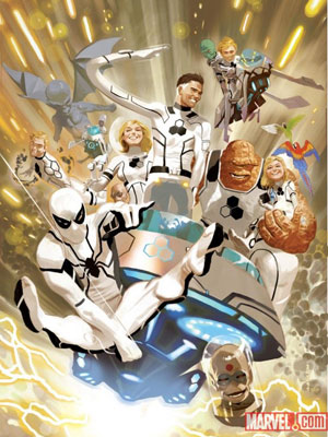 Ilustração para o primeiro número da HQ 'FF', que reúne membros do Quarteto Fantástico e o Homem-Aranha (Foto: Divulgação/Marvel Comics)