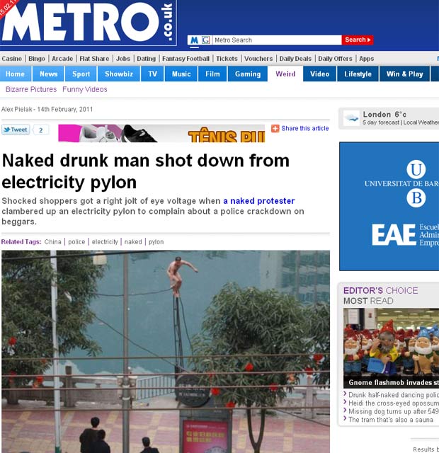 Mir Wei protestou subindo nu em um fio de alta tensão. (Foto: Reprodução/Metro)