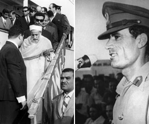 O rei Idris chega ao Egito, onde se exilou após o golpe de 1969, enquanto o coronel Kadhafi discursa para a população, em Trípoli (Foto: AFP)