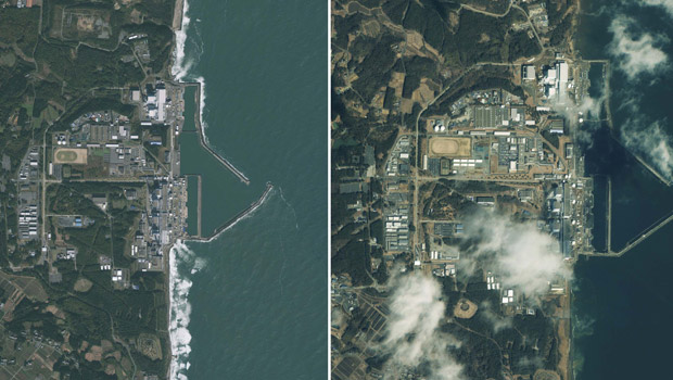 Imagens de satélite comparam a situação da usina nuclear de Fukushima em novembro de 2009 (à esquerda) e na sexta-feira (11), após o terremoto e o tsunami que atingiram o Japão; usina sofreu explosão em um dos reatores no dia seguinte, sábado (12) (Foto: Reuters/GeoEye Satellite )