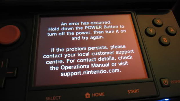 Imagem divulgada no fórum de games Neogaf mostra a mensagem de erro que aparece no travamento do Nintendo 3DS (Foto: Reprodução)