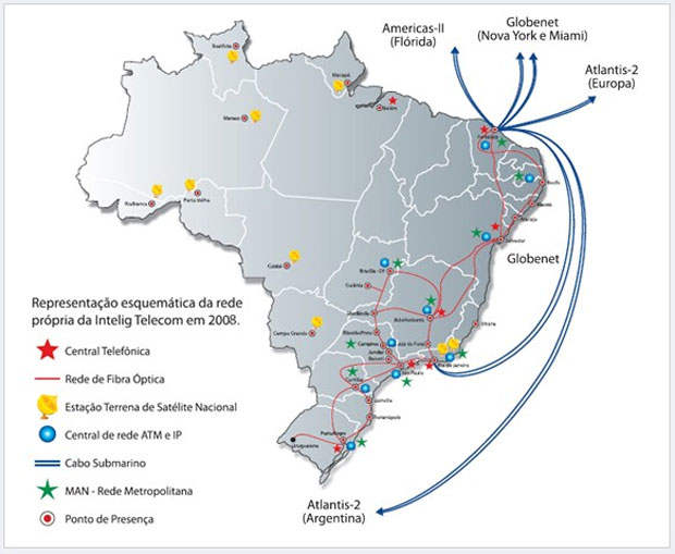 Mapa da Intelig mostra conexões da operadora no território do Brasil (Foto: Divulgação)