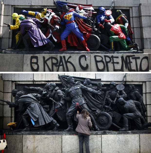 Imagens feitas em fevereiro de 2010 e nesta sexta-feira (17) mostram o antes e depois do monumento pintado na Bulgária (Foto: Stoyan Nenov/Reuters)