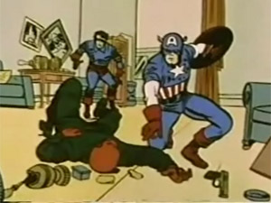 Capitão América e seu parceiro, Bucky, lutam contra o Caveira Vermelha, em cena do desenho animado de 1966 (Foto: Reprodução)