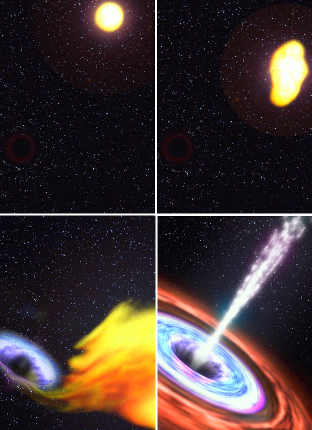 Ilustrações mostram buraco negro devorando estrela. (Foto: Nasa)